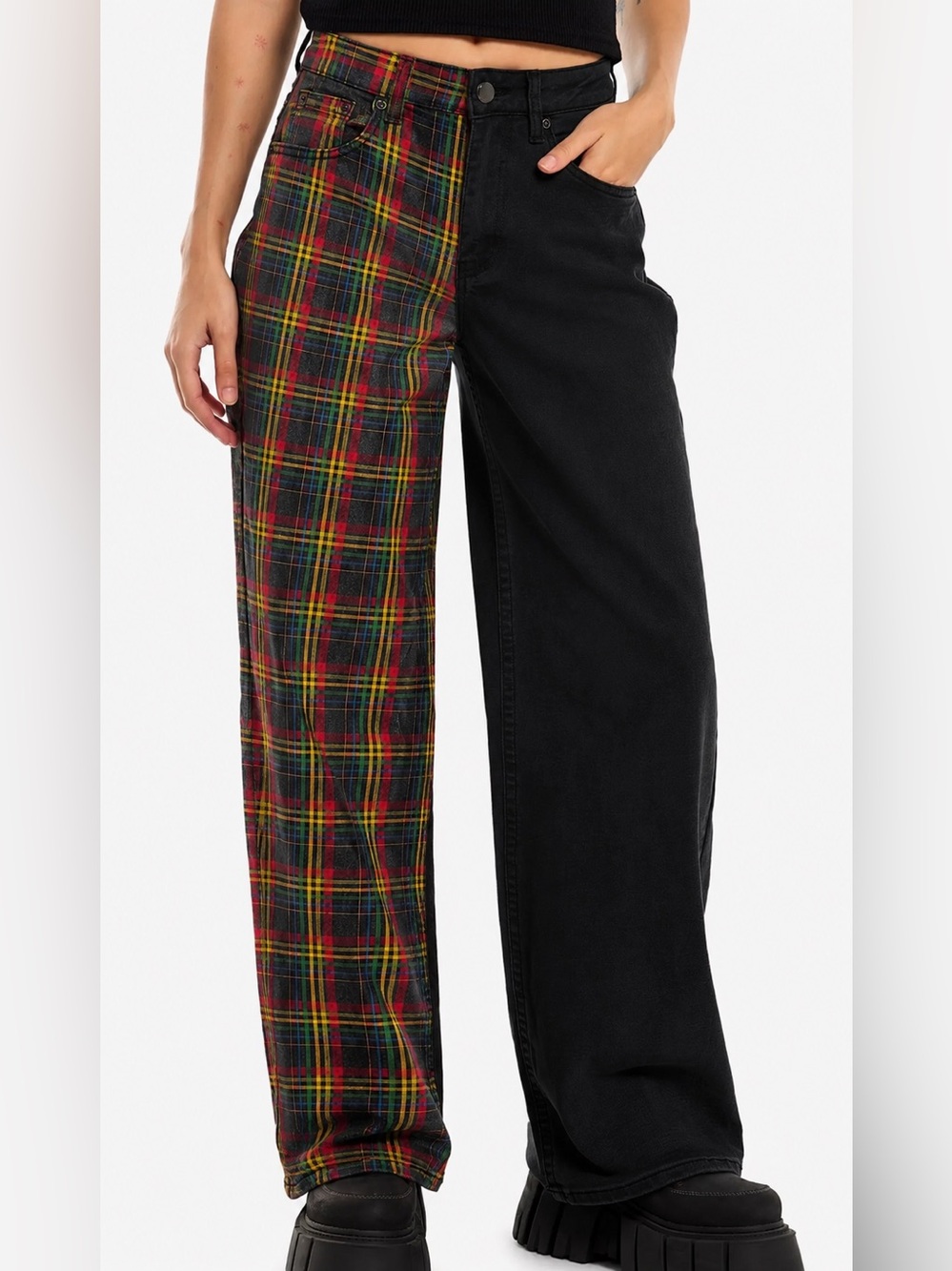 Denim Stinger Split Plaid & Black Skinny Jeans Punk Grunge Size 28x32